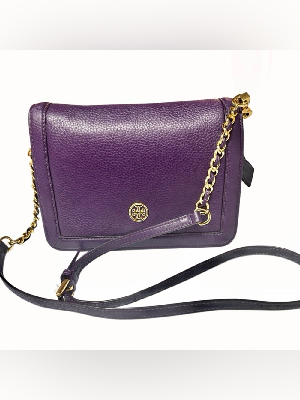 TORY BURCH Landon Crossbody Combo Chain Pebble Leather, Purple Iris